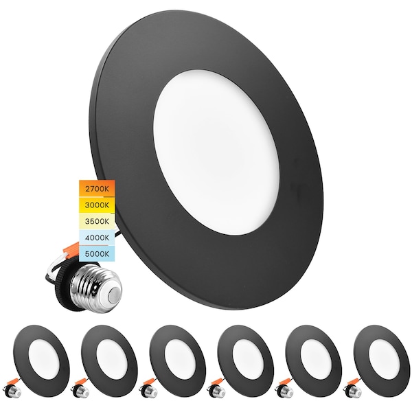 Luxrite 3-4 Inch LED Flush Mount & Recessed Light 5CCT 650LM Dimmable J-Box or 4 Recessed Can Black, 6PK LR24980 LR24983-6PK - main